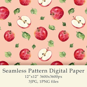 Acquerello Apple Seamless Pattern Digital Paper compleanno png Dolci frutta Tessuto Tessile Agriturismo Decor Garden Design Digital PNG JPG