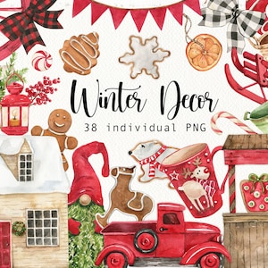Aquarelle rouge hiver décoration clipart Noël douillet Clip Art sapin de Noël ferme hiver rétro rustique en bois décoration d'intérieur en bois png numérique