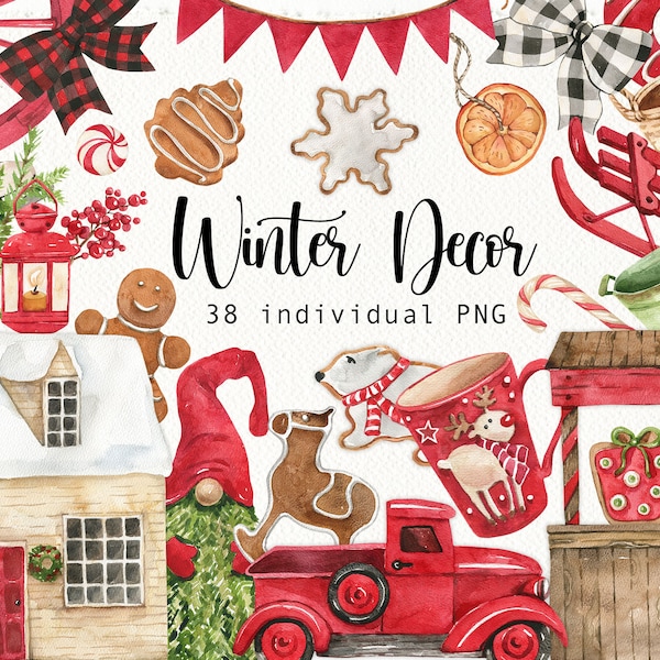 Watercolor Red Winter Decor Clipart Cozy Christmas Clip Art Christmas tree Farmhouse Winter Retro Rustic Wooden Home Decor png digital