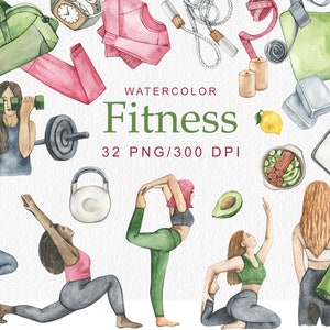 Watercolor Fitness clipart Yoga Weights Gym Equipment clip art healthy life Planner Stickers Exercise Food Greenery Digital Clipart PNG