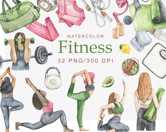 Watercolor Fitness Clipart: Yoga, Gym Equipment (Digital Clipart PNG)