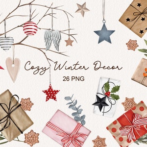 Mão Desenhada Aconchegante Decoração De Inverno Clipart Enfeites De Madeira Presentes De Natal Ramos Folhas Clip Art Digital Download Instantâneo PNG