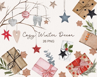 Cozy Winter Clipart PNG Cozy Christmas Decor Graphics Watercolor Holiday Gifts Wood Ornaments Pine Branches Digital Clip Art Commercial Use