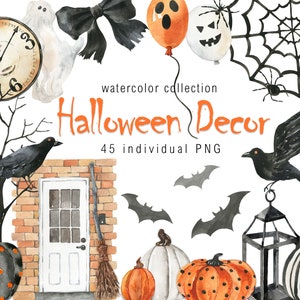 Clipart di Halloween Acquerello Clipart di Halloween carino Decorazioni Zucche Pipistrello png Clipart uso commerciale Autunno Autunno Decor digitale PNG