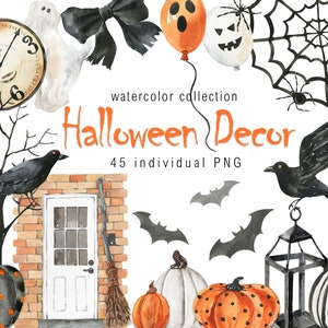 Halloween clipart Watercolor Halloween clipart cute Decorations Pumpkins Bat png Clipart commercial use Autumn Fall Decor digital PNG