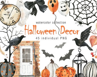Watercolor Halloween Clipart: Pumpkins, Bats (Digital PNG)