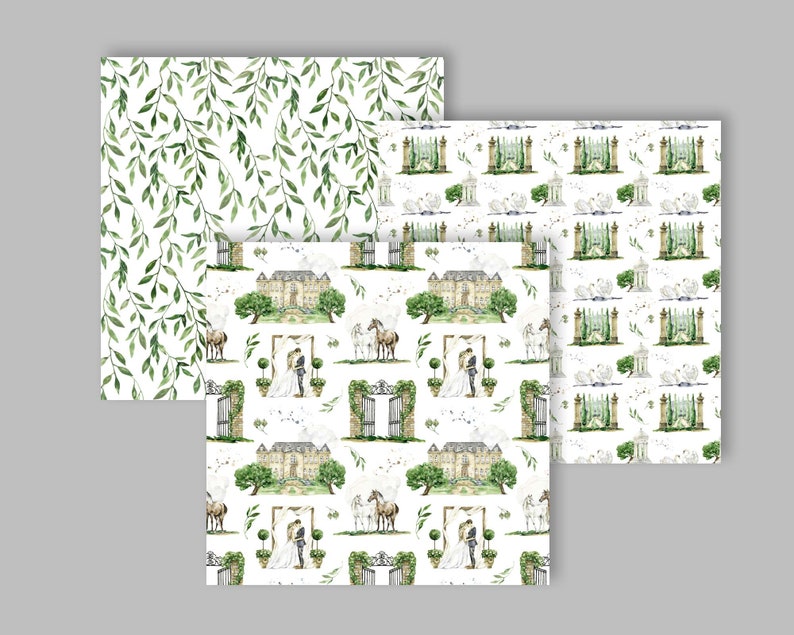 Watercolor Wedding Seamless Pattern Digital Paper Green Leaves Palace ...