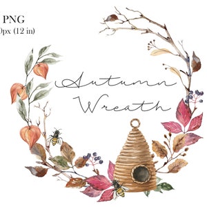 Acuarela Otoño Corona de Otoño Decoración Clipart Acogedor Otoño Hojas de Otoño Clip Art Otoño Rústico Bosque Decoración del Hogar arreglo digital png