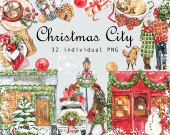 Watercolor Christmas City Clipart Winter Scene Clip Art Christmas Tree Clipart Vintage City Landscape Clipart Windows Shops Digital PNG