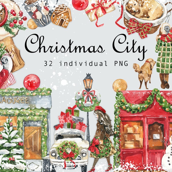 Watercolor Christmas City Clipart Winter Scene Clip Art Christmas Tree Clipart Vintage City Landscape Clipart Windows Shops Digital PNG