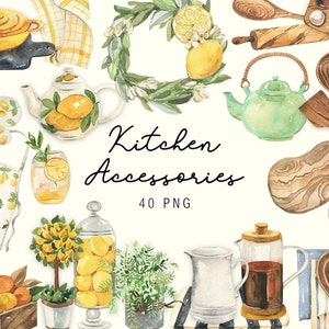 Aquarela Acessórios de cozinha Clipart Cozinha ferramentas de madeira Comida Especiarias Limões Cozinhar culinária download digital clip art PNG pintado à mão