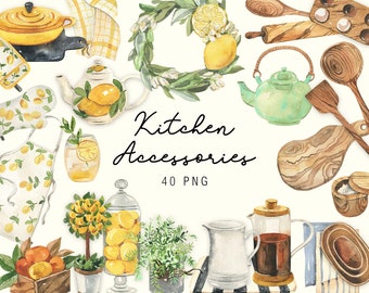 Watercolor Kitchen Accessories Clipart Kitchen wood tools Food Spices Lemons Cooking culinary digital download clip art PNG Hand Painted