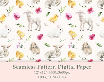 Watercolor Easter Seamless Pattern Digital Paper birthday png Baby Sheep Fabric Textile Farmhouse Decor Garden Floral Design Digital PNG JPG