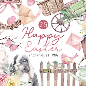 Ostern Aquarell Clipart Osterhase png Niedliche Ostern Aquarell Blumen Clipart Hase Schmetterling niedlich Hase Rosen Korb digital png