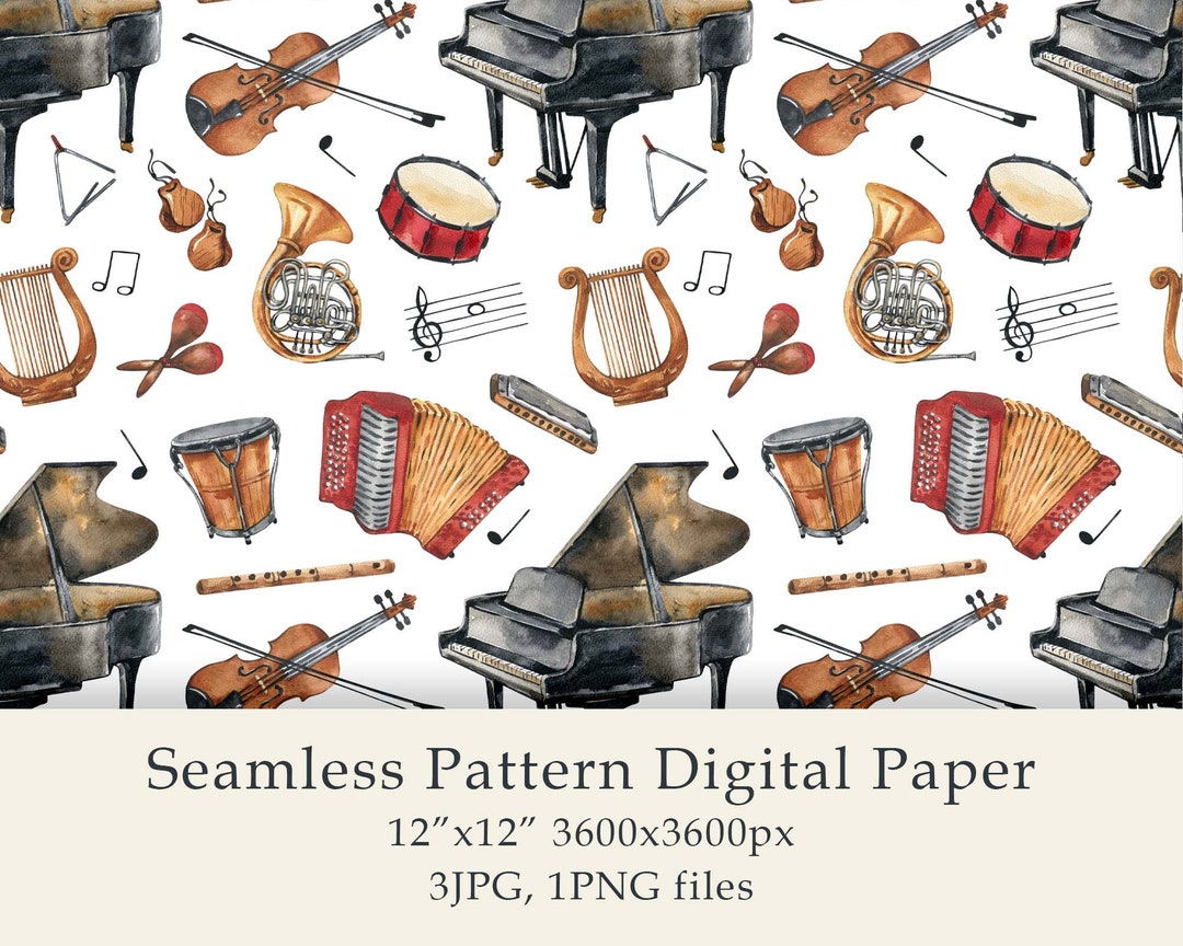 Watercolor Musical Instruments Seamless Pattern Digital Paper Musical ...