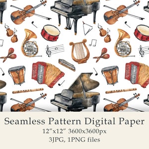 Pode incluir: Um papel digital de padrão sem costura com ilustrações de aquarela de instrumentos musicais, incluindo um piano de cauda, um violino, um trompa, uma harpa, um acordeão e uma variedade de instrumentos de percussão. O padrão é sobre um fundo branco e é perfeito para projetos de artesanato, scrapbooking e design digital.