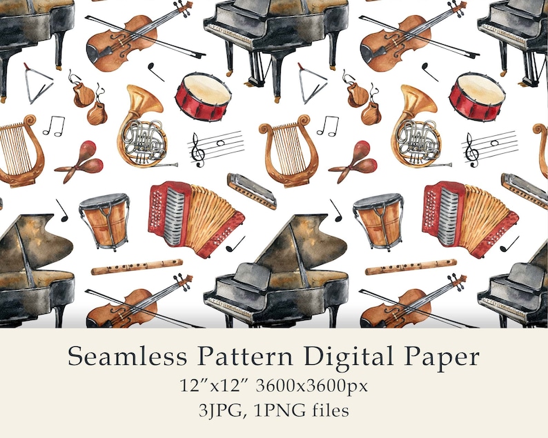 Watercolor Musical Instruments Seamless Pattern Digital Paper Musical ...