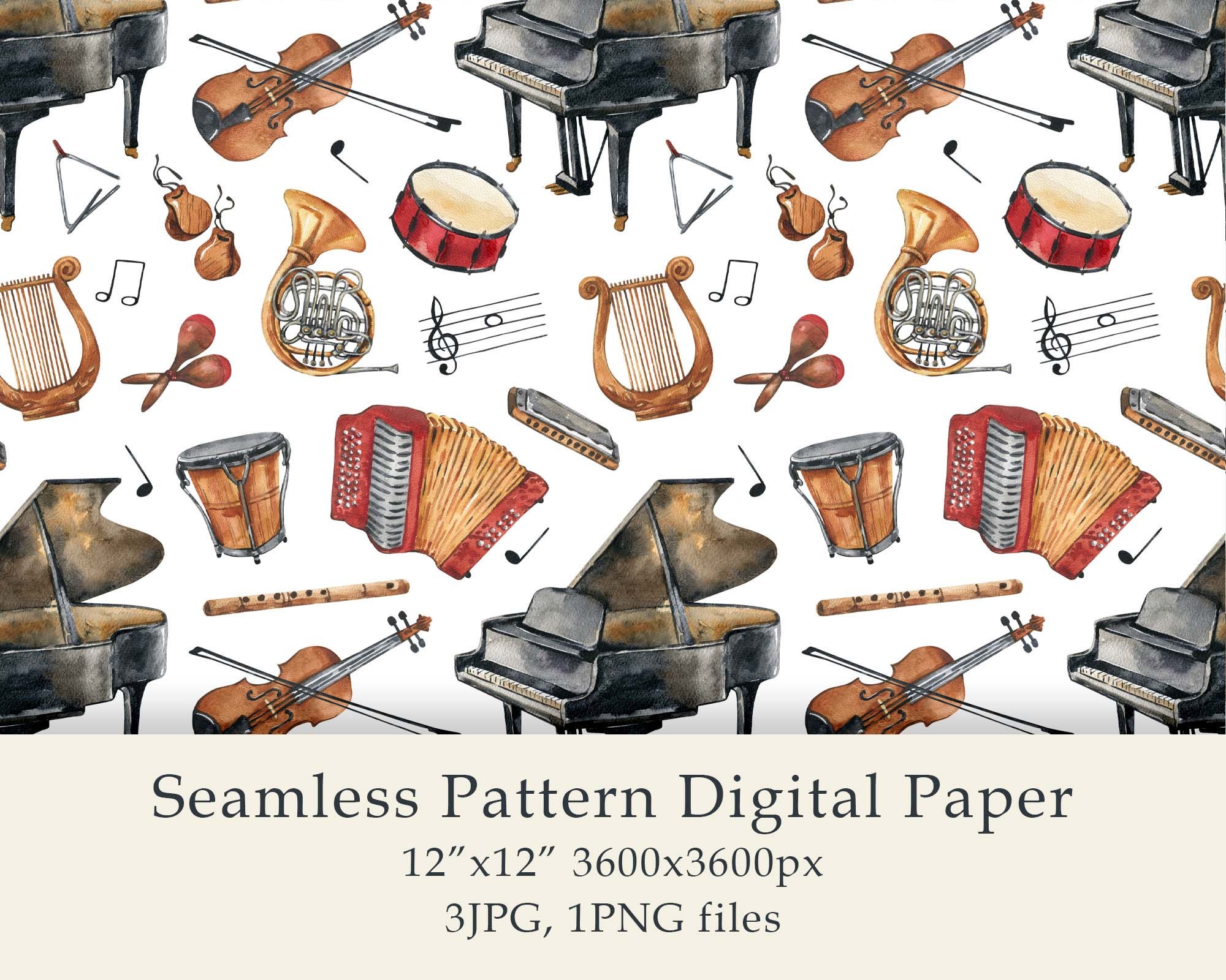 Watercolor Musical Instruments Seamless Pattern Digital Paper Musical ...