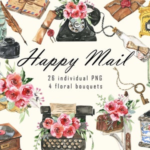 Akwarela Szczęśliwy Poczta Clipart Miłość Clip Art Ślub Walentynki Clip Art Serce Vintage Dekoracja natychmiastowe pobieranie Komercyjne wykorzystanie cyfrowe png