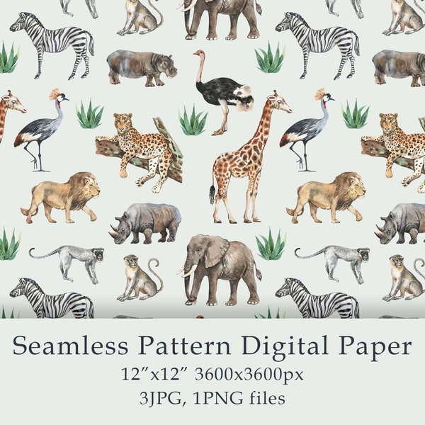 Watercolor African Animals Seamless Pattern Digital Paper Lion Safari Savannah Wild Life Hand Drawn Elephant Giraffe Zebra Digital PNG JPG