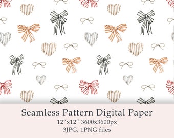 Watercolor Heart and Bows Seamless Pattern Digital Paper Vintage Valentine's png Birthday invitation Scrapbook paper Digital fabric JPG PNG