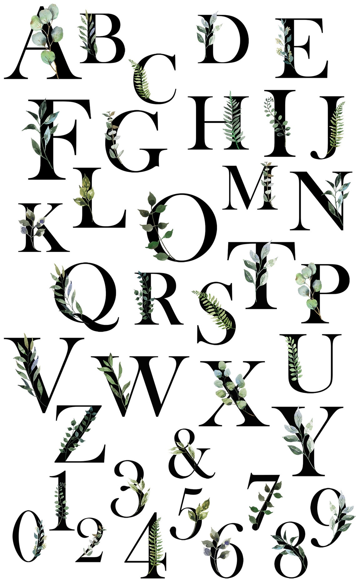 Watercolor Greenery Alphabet Foliage Clipart Forest Leaves Baby ...