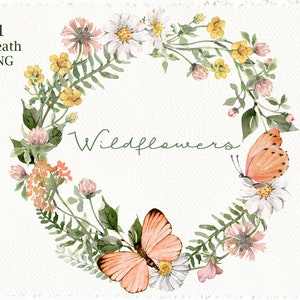 Aquarela Flores silvestres Coroa de vegetação Quadro Boho Clipart Primavera Verão Casamento Chá de bebê Dia das Mães Dia dos Namorados Design digital png