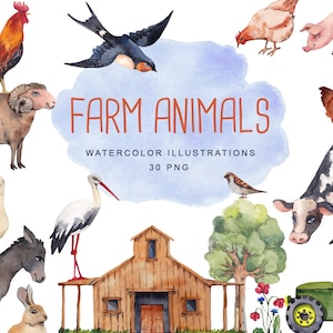 Bauernhof Tiere Clipart Aquarell Tier Clipart Bauernhof Geburtstag png Süße Tiere, Schwein, Kuh, Hahn, Esel, Storch, Bauernhof, Digital