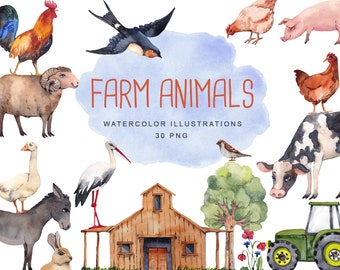 Farm animals clipart Watercolor animal Clipart Farm birthday png Cute animals, pig, cow, rooster, donkey, stork, farmhouse, Digital