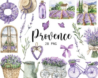 Akvarell Provence Lavendel Clipart, Blommigt Hus PNG (Digital Nedladdning)