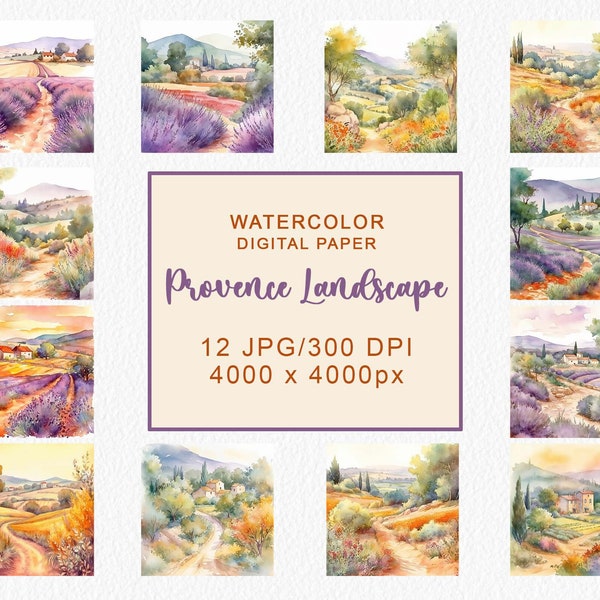 Arrière-plans de paysage aquarelle Provence Paysage d'été Papier numérique Planificateur numérique Fond pour les invitations télécharger JPG