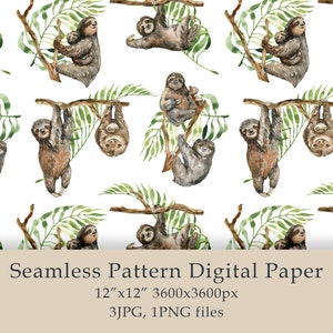 Acuarela Perezosos animales patrón papel digital Bosques ecuatoriales Sudamérica Dibujado a mano Tela Textil digital PNG JPG
