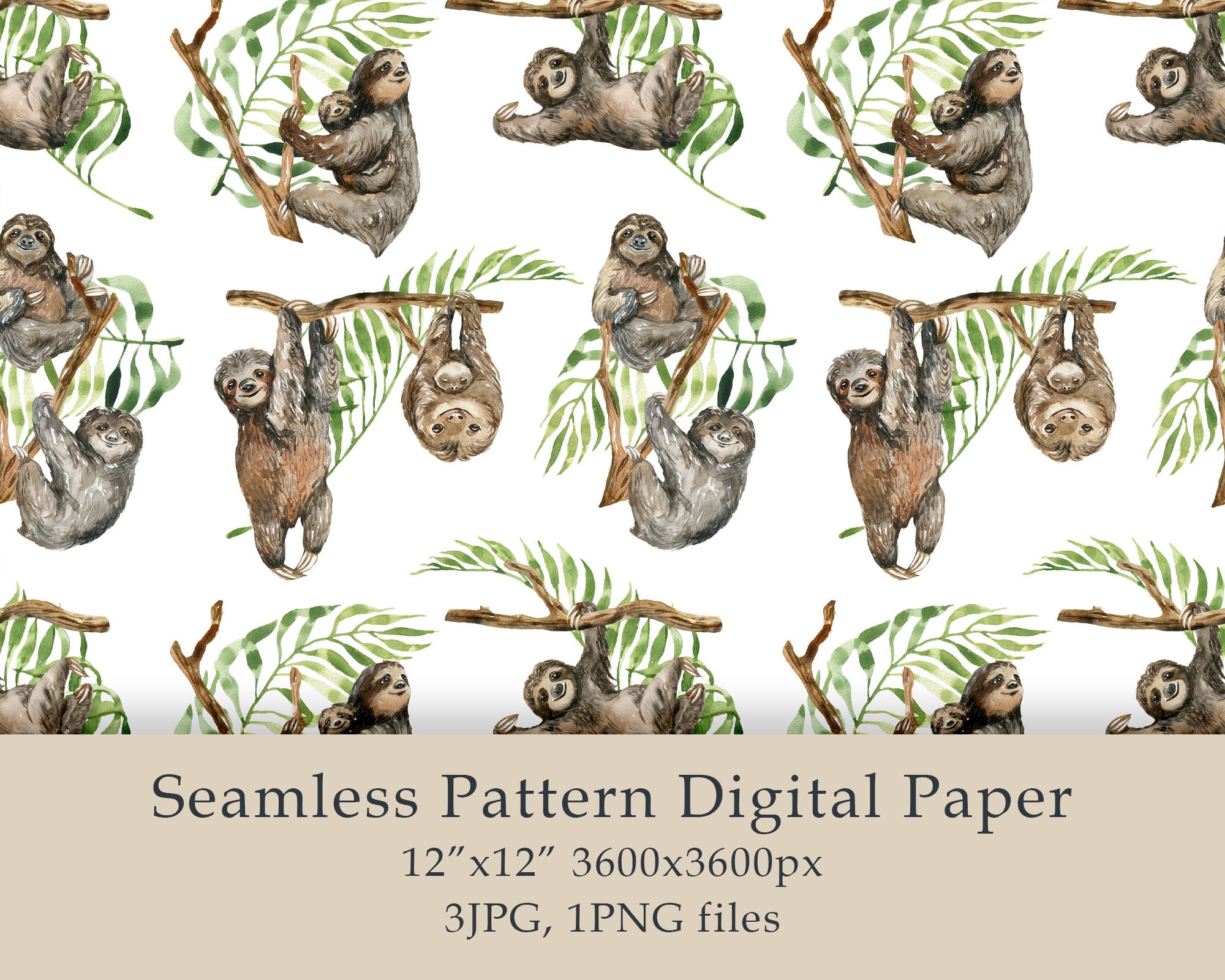 Sloth Digital Paper Watercolor Sloths Animals Pattern Digital Paper Equatorial Forests ...
