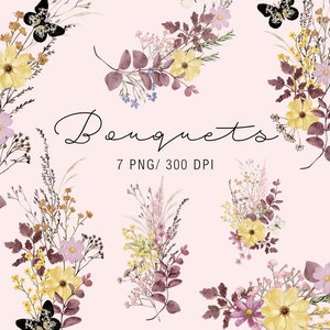Disegnato a mano Boho Bouquets Clipart Giardino Fiori selvatici Clip art Estate Matrimonio invito Baby Shower Mothers Day Decor Logo design png
