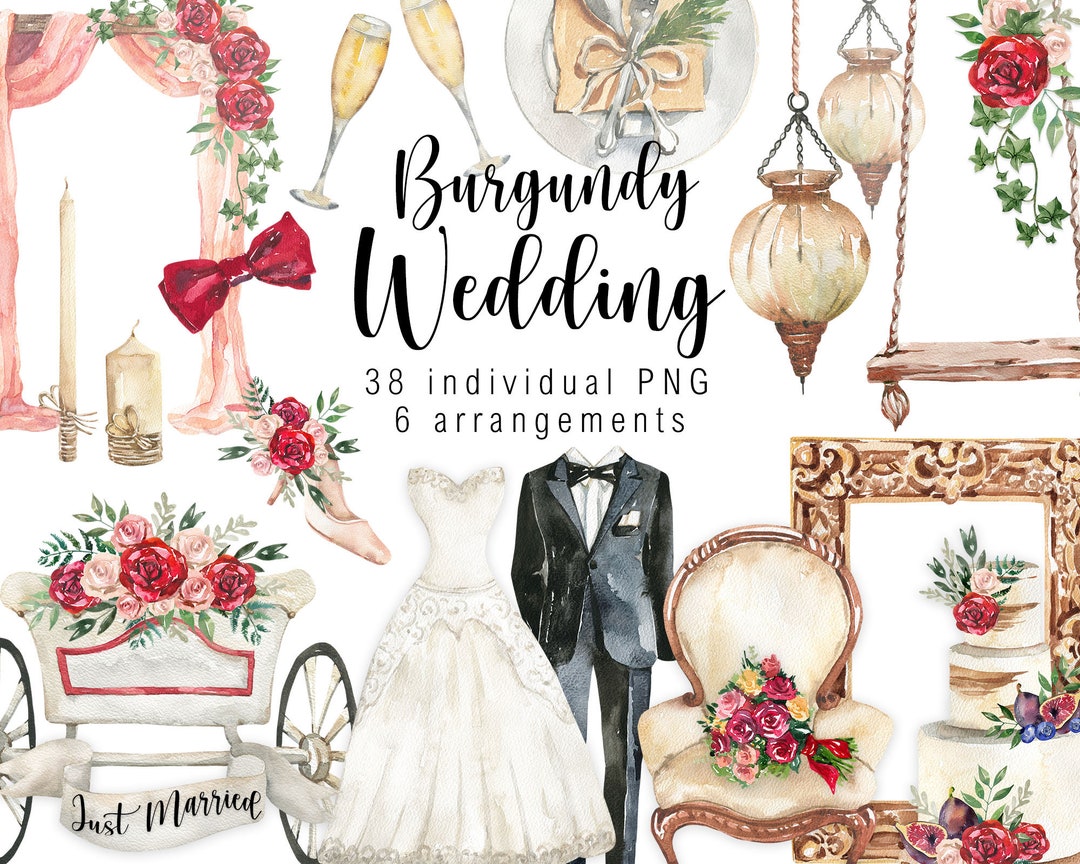 Watercolor Clipart Wedding Burgundy Elements Clip Art Wedding Cake Just ...