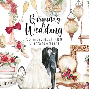 Aquarell Clipart Hochzeit Burgund Elemente Clip art Hochzeitstorte Gerade verheiratet Ehe Hochzeitseinladung digitale PNG