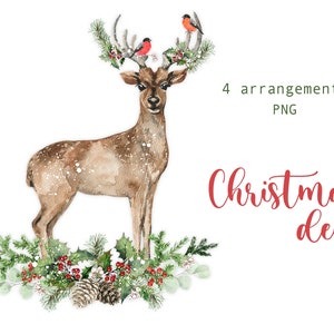 Aquarela Natal Veado arranjo Clipart Grinalda Verde Decoração de Natal Logo Design Floral Clip Art Digital PNG Download