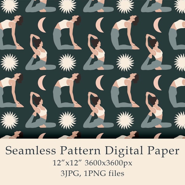 Hand Drawn Yoga Seamless pattern Digital Paper Abstract Elements Gym Exercise Sport Mother's Day Eco Style Boho PNG Digital Paper  Download