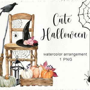 Watercolor Halloween Arrangement Watercolor Halloween clipart Cute Decorations Pumpkins, Raven png Clipart commercial use digital png
