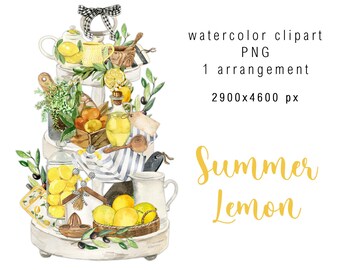 Aquarel zomer citroen clipart keuken hout gereedschap eten kruiden citroenen koken culinaire digitale download clip art PNG handgeschilderde