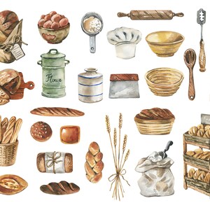 Watercolor Baking Clipart: Bread, Kitchen Tools (Digital Download) image 3