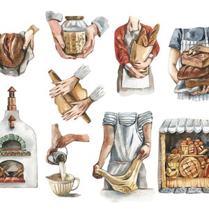 May include: Watercolor illustration of a bakery scene with various elements, including a wood-fired oven, a baker kneading dough, a person holding a loaf of bread, and a storefront with a variety of breads and pastries.