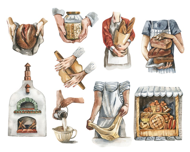 May include: Watercolor illustration of a bakery scene with various elements, including a wood-fired oven, a baker kneading dough, a person holding a loaf of bread, and a storefront with a variety of breads and pastries.