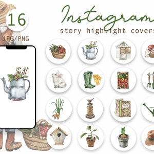 Instagram di giardinaggio primaverile ad acquerello, icone in evidenza, illustrazioni ad acquerello, storia di Instagram, copertine in evidenza, Blogger da giardino, PNG JPG
