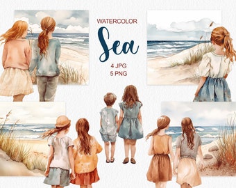 Watercolor Sea Clipart People girl Child Clip art Girl Family Sand Beach Clipart Spring Summer Wedding Decor Mothers Day digital png