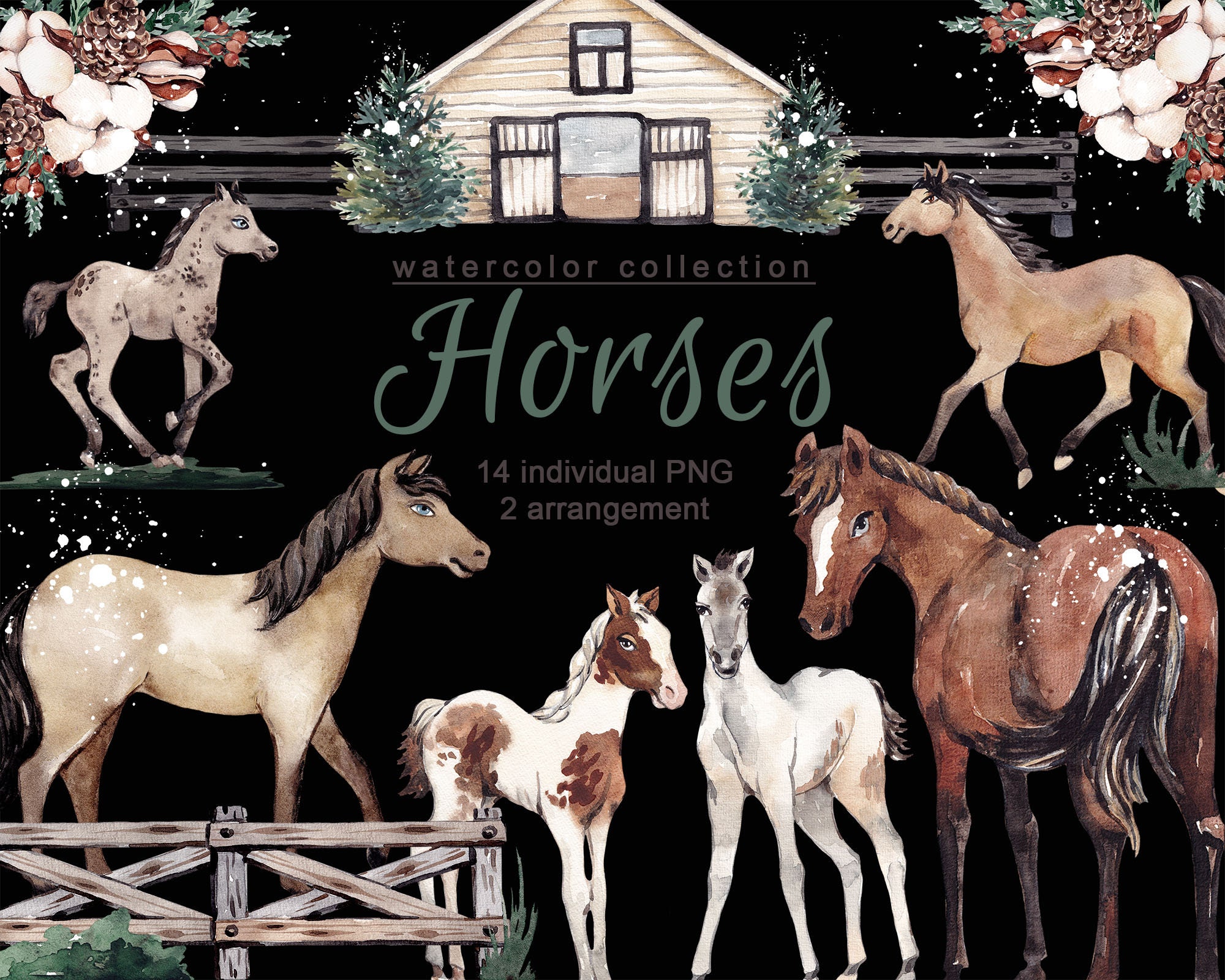 Watercolor Horse Clipart Animal Illustration Winter Decoration Farm ...