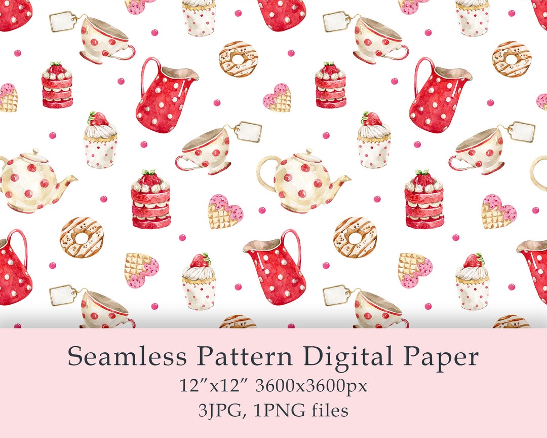 Watercolor Valentine's Tea Digital Papers Seamless Patterns Wedding ...