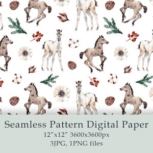 Aquarell Kleine Pferde Musterdesign Digitales Papier Weihnachtsdekor Niedliche Tiere Pferd Bauernhaus Pferd Muster Stoff Digital PNG JPG