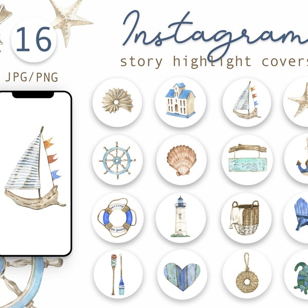 Watercolor Sea, Summer Instagram Highlight Icons, Watercolor illustrations, Instagram Story, Highlight Covers, Maritime Blogger, PNG, JPG