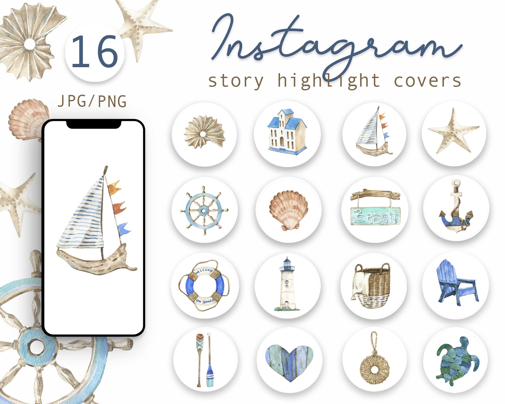 Watercolor Sea, Summer Instagram Highlight Icons, Watercolor illustrations, Instagram Story, Highlight Covers, Maritime Blogger, PNG, JPG